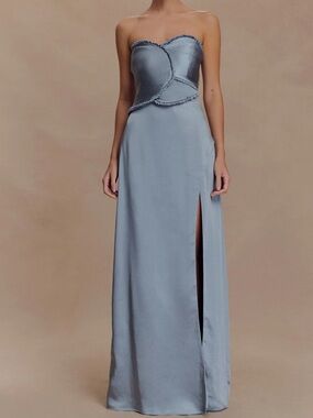 Meshki Strapless Satin Evening Gown in Light Blue with Side Slit